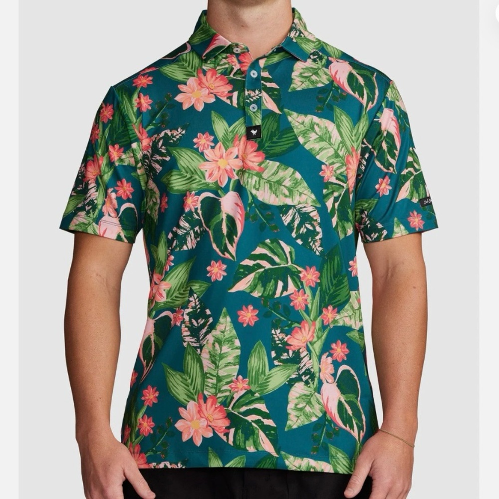 Bad Birdie Bad Botanist Men’s Short Sleeve Golf Polo Tropical Floral Hawaiian